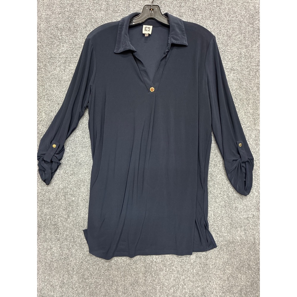 Anne Klein Navy Blue Roll Tab Long Sleeve V-Neck Tunic Top Size L